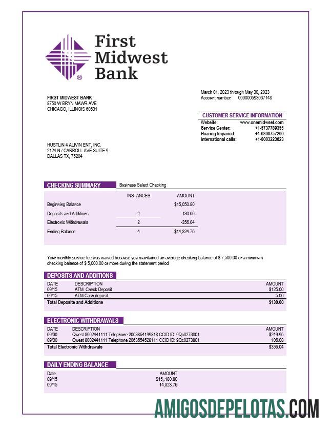 Realista First Midwest empresa bancária extrato de conta modelo Word e PDF